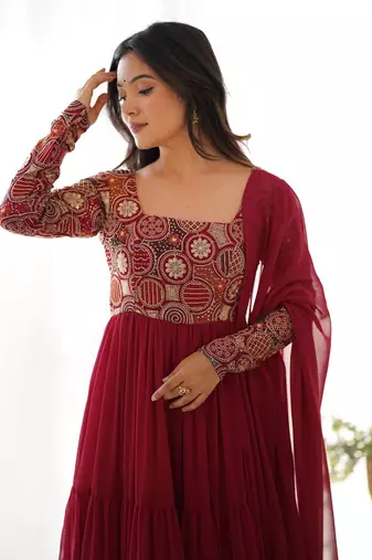red heavy fox georgette embroidered anarkali stitches kurta with pant & ruffle dupatta