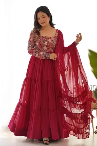 red heavy fox georgette embroidered anarkali stitches kurta with pant & ruffle dupatta
