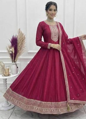 pink anarkali with dupatta in silk blend  with sequence embroidery work 1