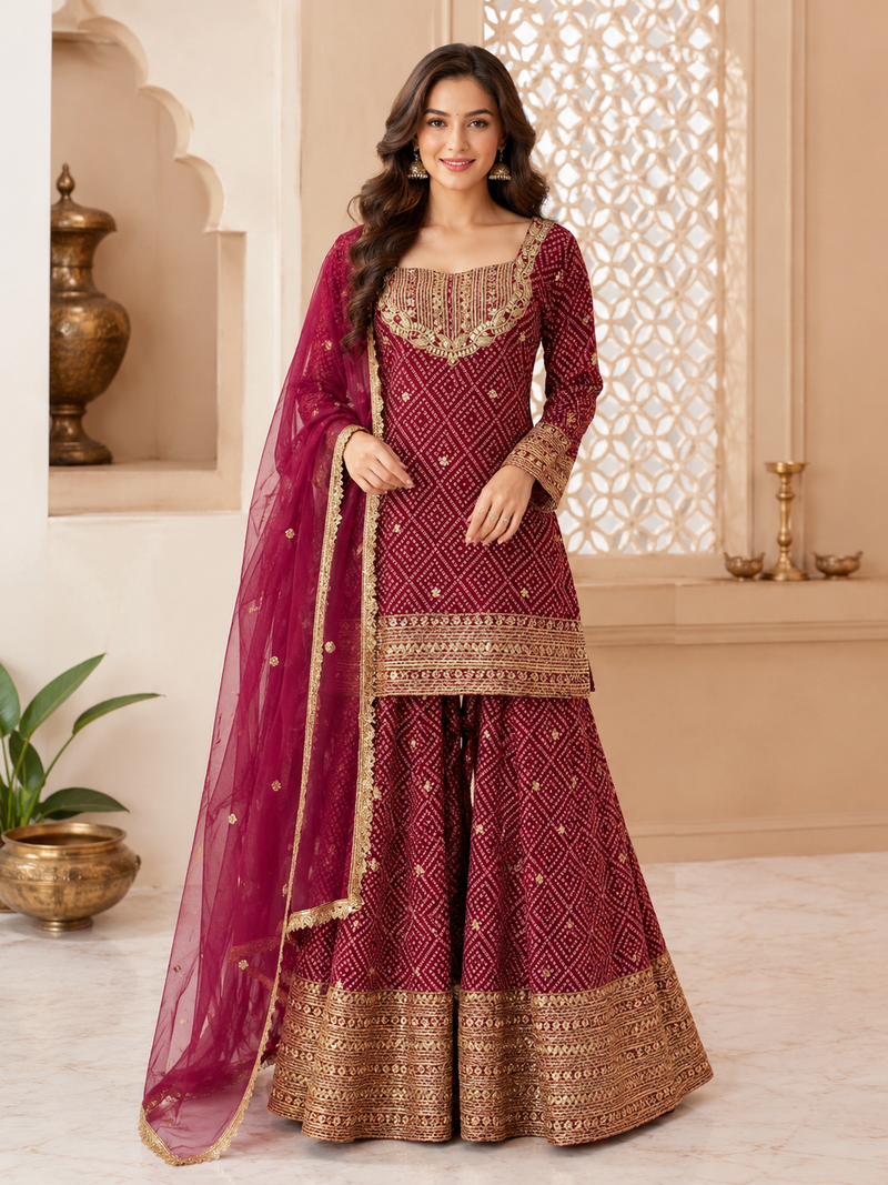 Maroon Color Front Embroidery Work With Fancy Lace Printed French Crepe Kurti Set
