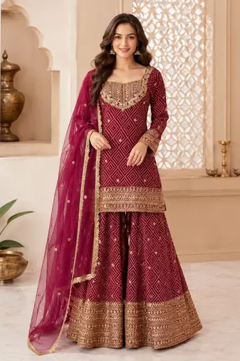 Maroon Color Front Embroidery Work With Fancy Lace Printed French Crepe Kurti Set