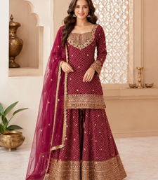 Maroon Color Front Embroidery Work With Fancy Lace Printed French Crepe Kurti Set