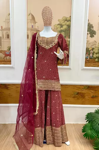 Maroon Color Front Embroidery Work With Fancy Lace Printed French Crepe Kurti Set