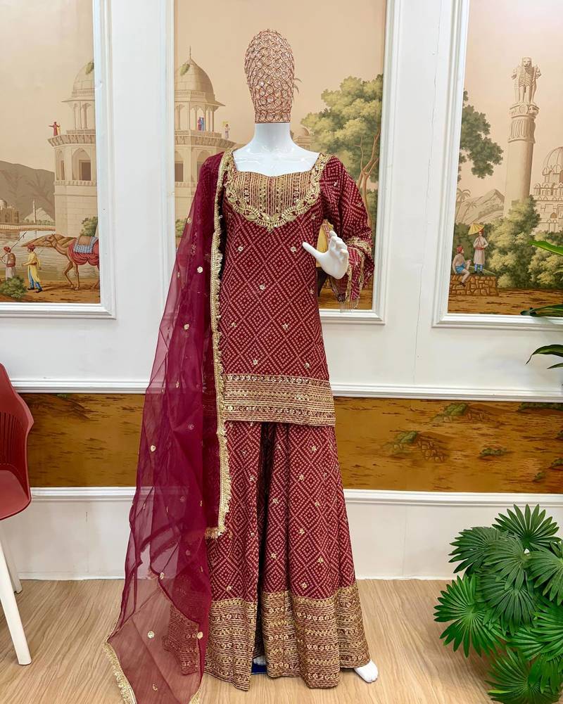 Maroon Color Front Embroidery Work With Fancy Lace Printed French Crepe Kurti Set