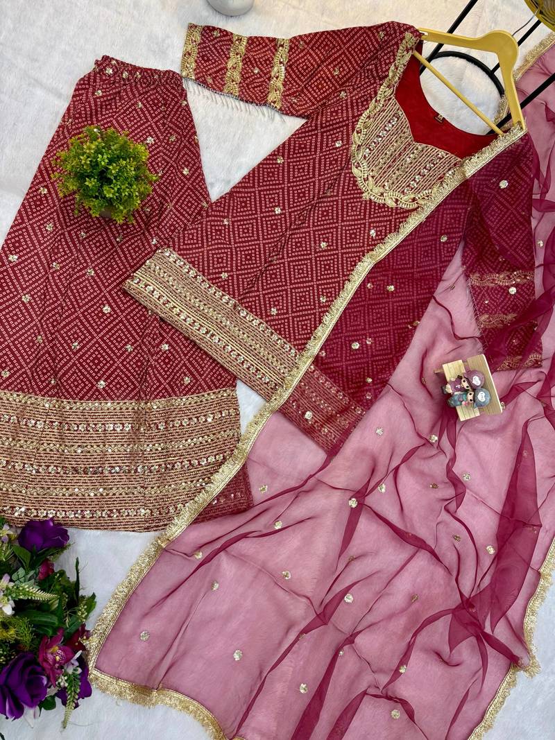 Maroon Color Front Embroidery Work With Fancy Lace Printed French Crepe Kurti Set