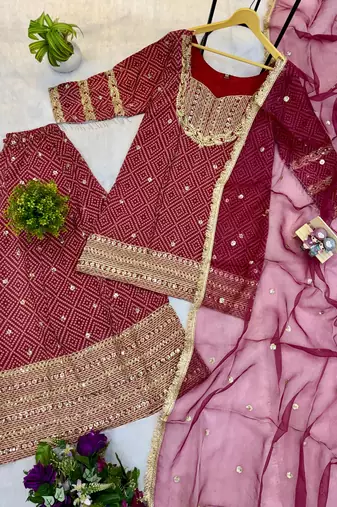 Maroon Color Front Embroidery Work With Fancy Lace Printed French Crepe Kurti Set