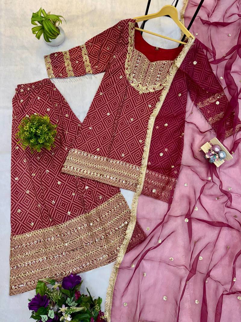 Maroon Color Front Embroidery Work With Fancy Lace Printed French Crepe Kurti Set