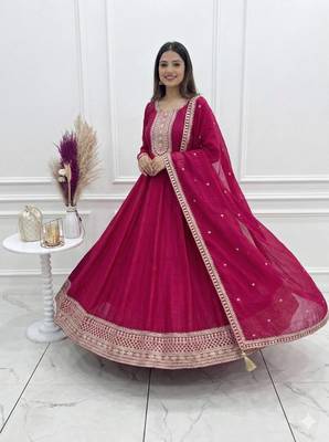 pink anarkali with dupatta in silk blend  with sequence embroidery work 4