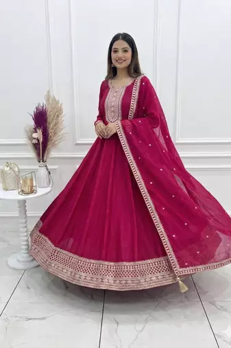 pink anarkali with dupatta in silk blend  with sequence embroidery work