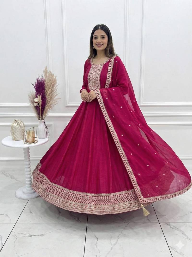 pink anarkali with dupatta in silk blend  with sequence embroidery work