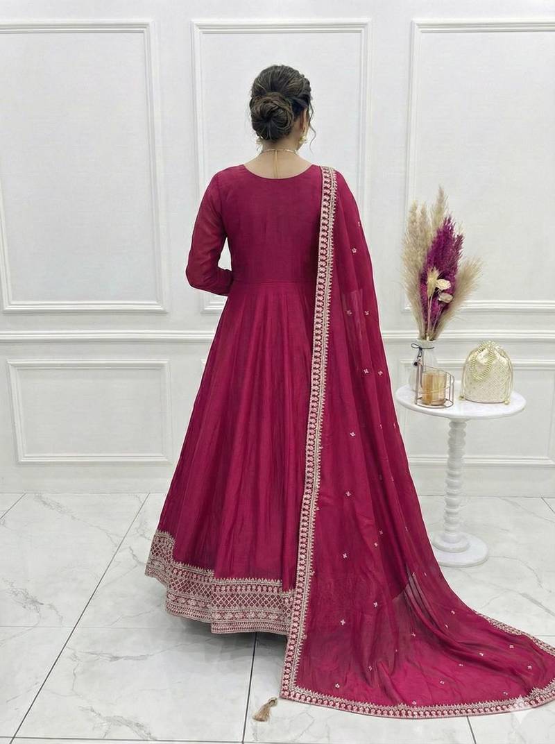 pink anarkali with dupatta in silk blend  with sequence embroidery work