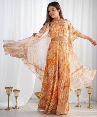 yellow   fox georgette floral indo western 3 piece set 1