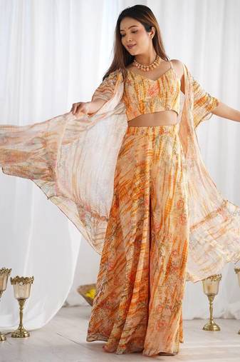 yellow   fox georgette floral indo western 3 piece set