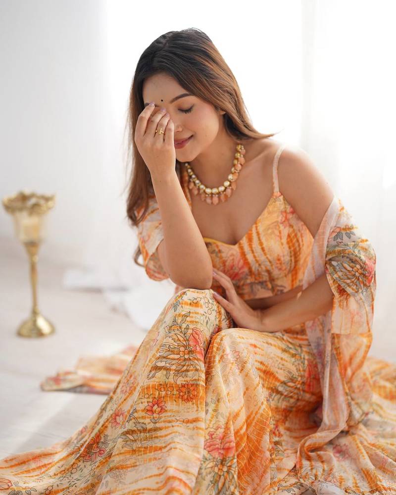yellow   fox georgette floral indo western 3 piece set