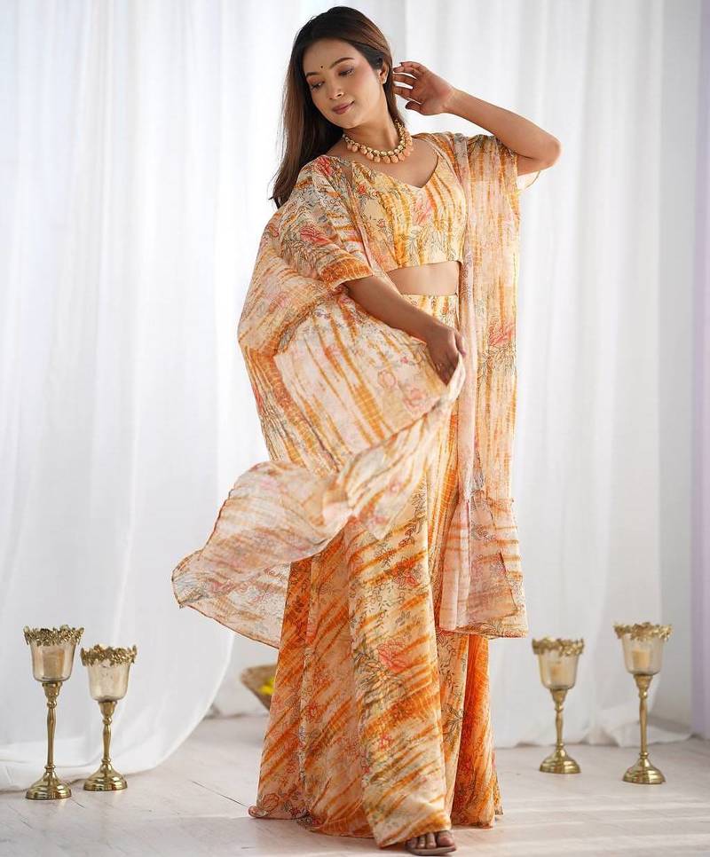yellow   fox georgette floral indo western 3 piece set