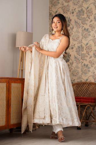 white banarasi jacquard silk blend   sleeveless dress for gen z girl
