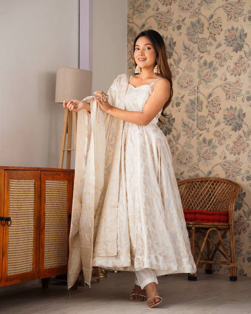 white banarasi jacquard silk blend   sleeveless dress for gen z girl
