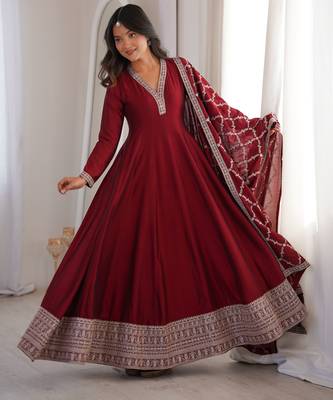 maroon  blooming silk blend  anarkali suit set 1