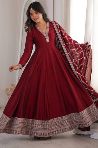 maroon  blooming silk blend  anarkali suit set