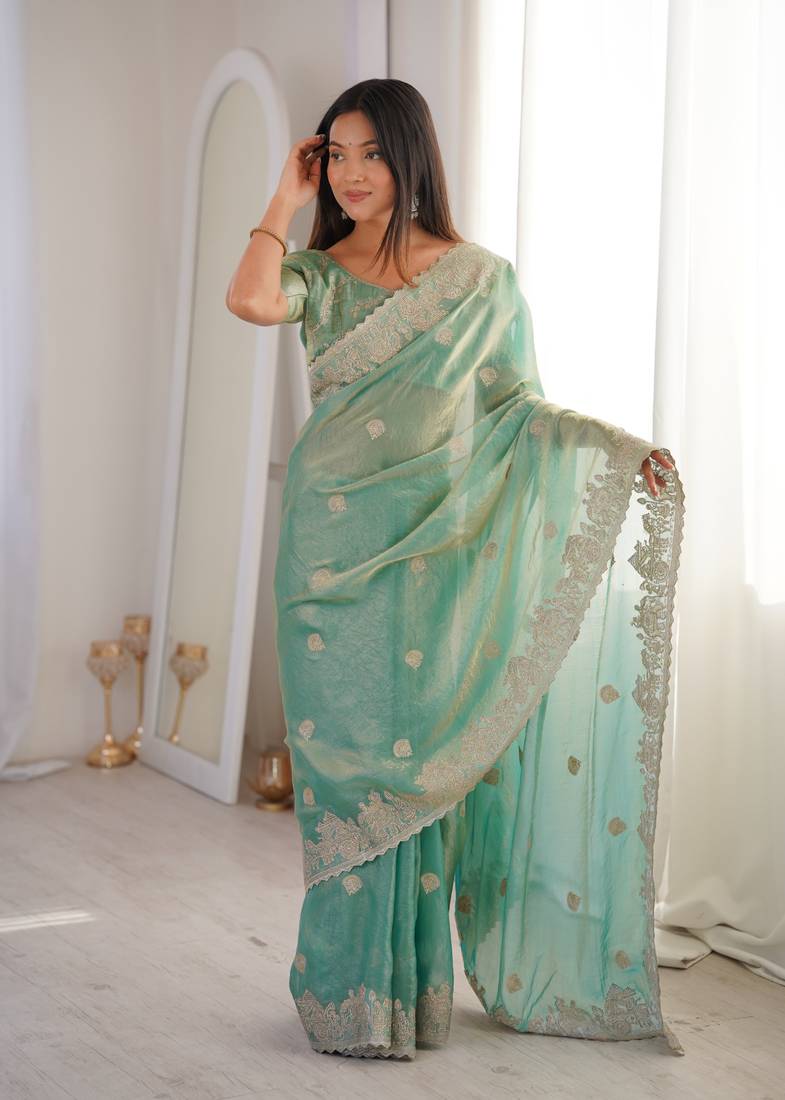 Light Green Color Zari Embroidered & Hotfix work Silk blend Saree