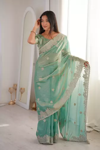Light Green Color Zari Embroidered & Hotfix work Silk blend Saree