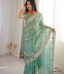 Light Green Color Zari Embroidered & Hotfix work Silk blend Saree