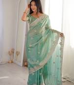 Light Green Color Zari Embroidered & Hotfix work Silk blend Saree
