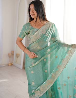 Light Green Color Zari Embroidered & Hotfix work Silk blend Saree 2