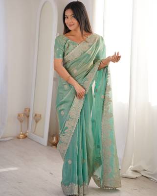 Light Green Color Zari Embroidered & Hotfix work Silk blend Saree 3