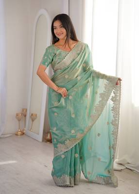 Light Green Color Zari Embroidered & Hotfix work Silk blend Saree 4