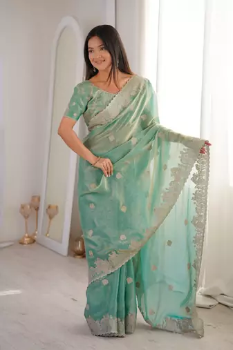 Light Green Color Zari Embroidered & Hotfix work Silk blend Saree