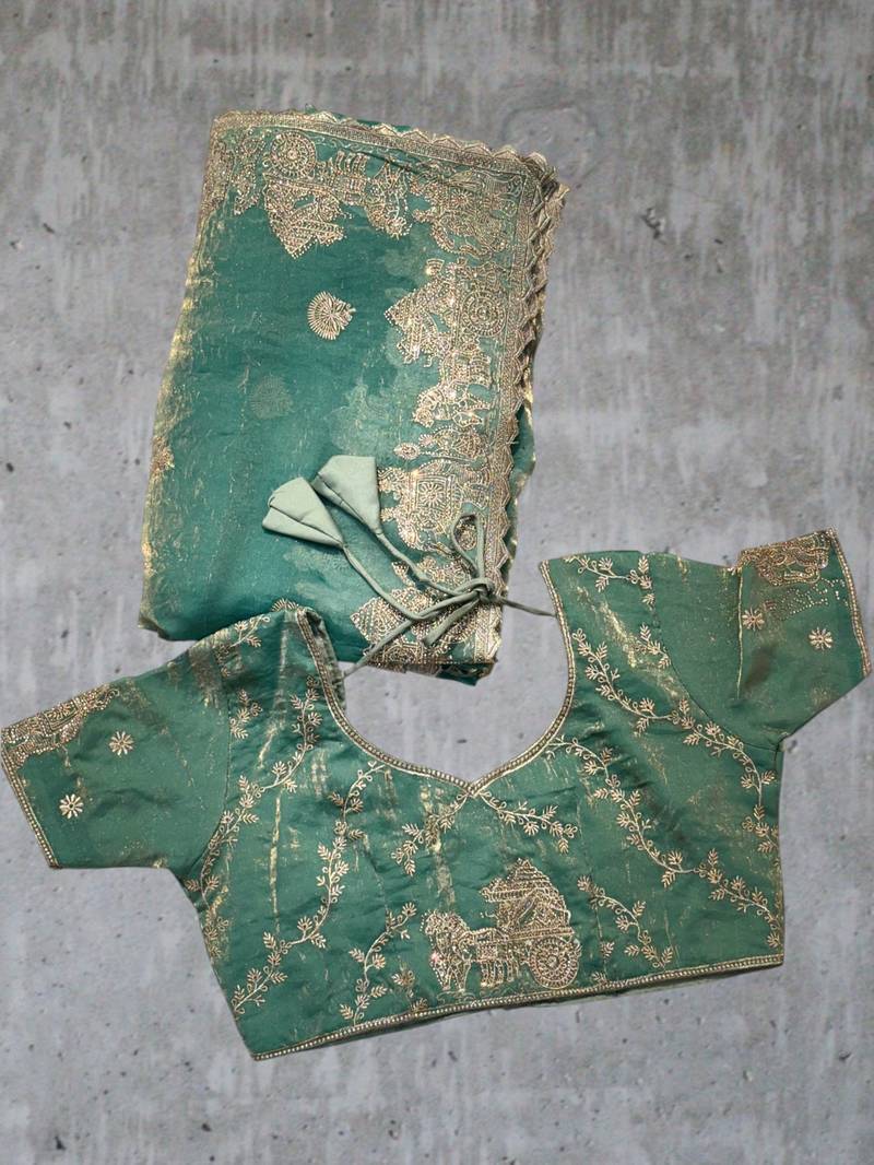 Light Green Color Zari Embroidered & Hotfix work Silk blend Saree