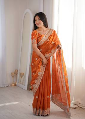 Orange Color Zari Embroidered & Hotfix work Silk blend Saree 1