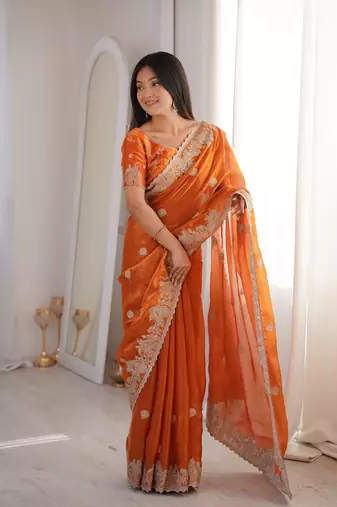 Orange Color Zari Embroidered & Hotfix work Silk blend Saree