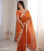 Orange Color Zari Embroidered & Hotfix work Silk blend Saree