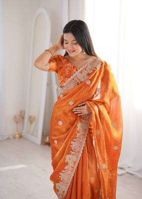 Orange Color Zari Embroidered & Hotfix work Silk blend Saree 2