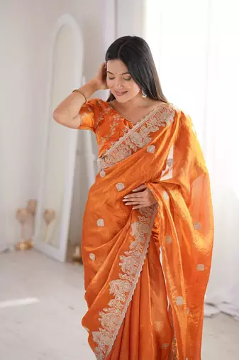 Orange Color Zari Embroidered & Hotfix work Silk blend Saree