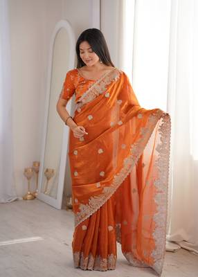 Orange Color Zari Embroidered & Hotfix work Silk blend Saree 3