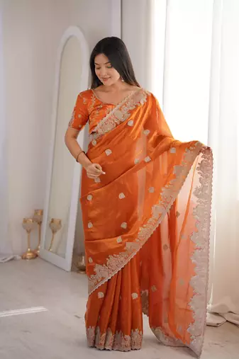 Orange Color Zari Embroidered & Hotfix work Silk blend Saree