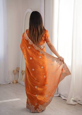 Orange Color Zari Embroidered & Hotfix work Silk blend Saree 4