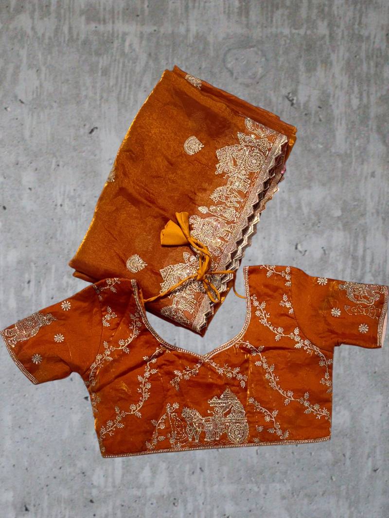 Orange Color Zari Embroidered & Hotfix work Silk blend Saree