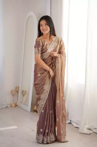 Chiku Color Zari Embroidered & Hotfix work Silk blend Saree