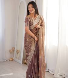 Chiku Color Zari Embroidered & Hotfix work Silk blend Saree