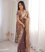 Chiku Color Zari Embroidered & Hotfix work Silk blend Saree