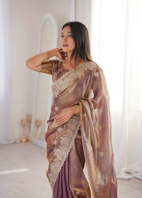 Chiku Color Zari Embroidered & Hotfix work Silk blend Saree 2