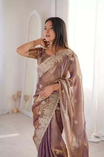 Chiku Color Zari Embroidered & Hotfix work Silk blend Saree