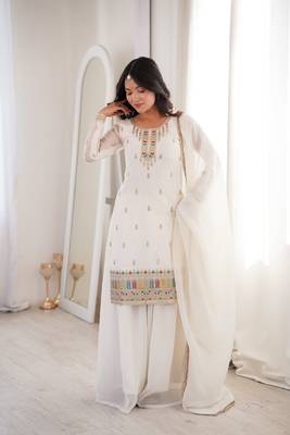 white color festive eid special silk blend suit dress palazzo style for  women's 1