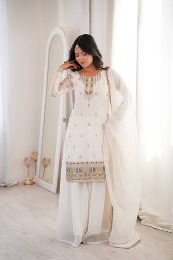 white color festive eid special silk blend suit dress palazzo style for  women's