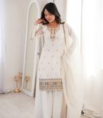 white color festive eid special silk blend suit dress palazzo style for  women's