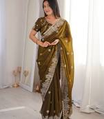 Mahendi Color Zari Embroidered & Hotfix work Silk blend Saree